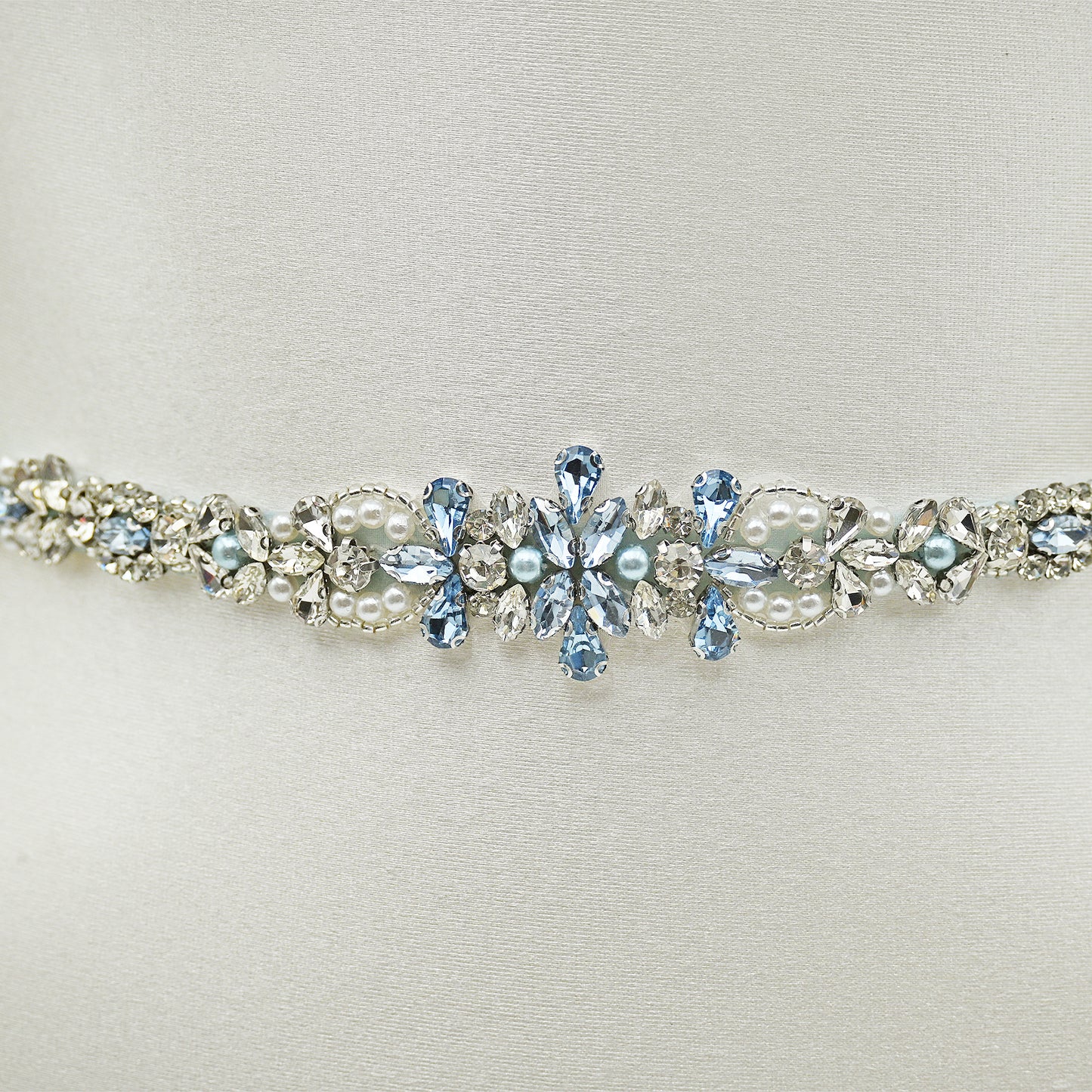 Light Blue Rhinestone & Pearl Bridal Dress Belt for Wedding - Bridella BS93QL