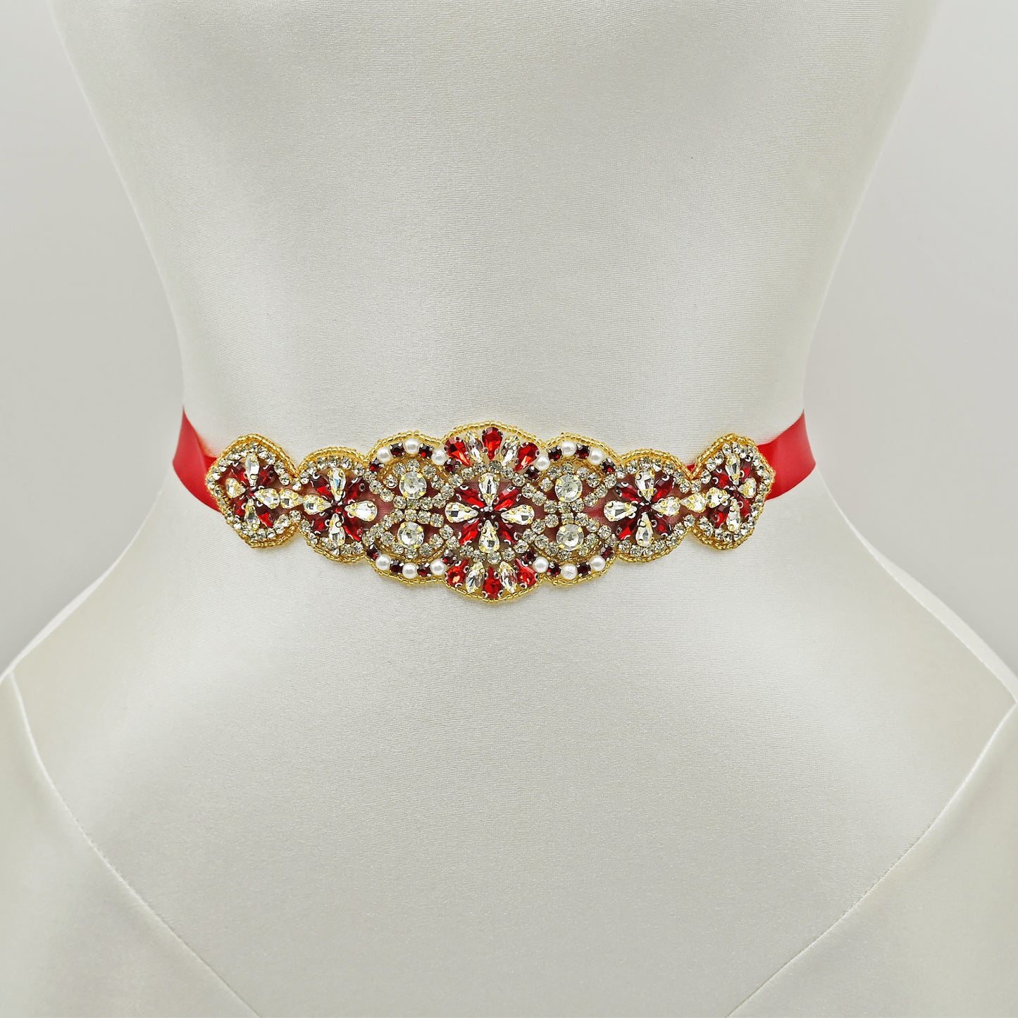 Red Rhinestone Pearl Bridal Belt Wedding Sash - Bridella BS94R