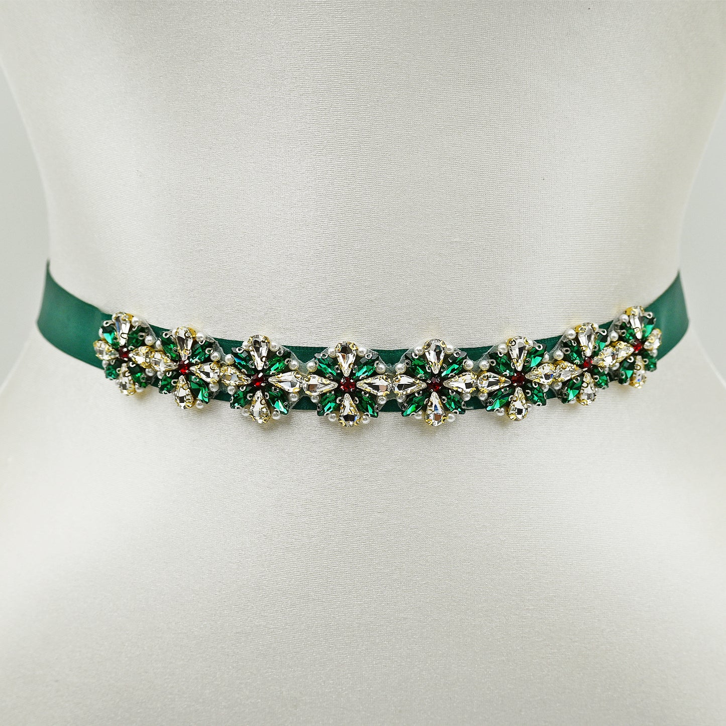 Rhinestone Pearl Ribbon Belt Wedding Prom Green Bridella BS205
