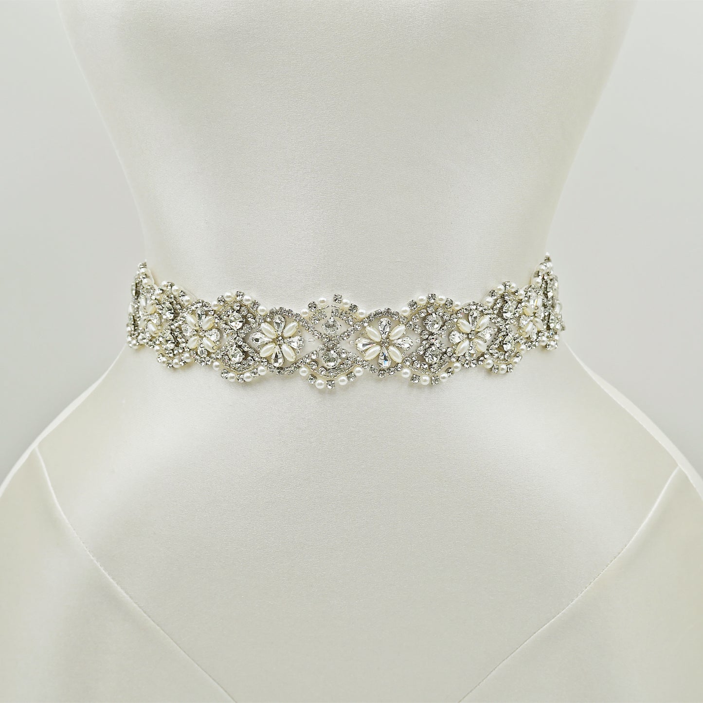 White Rhinestone & Pearl Bridal Belt Sash for Wedding - Bridella BS153