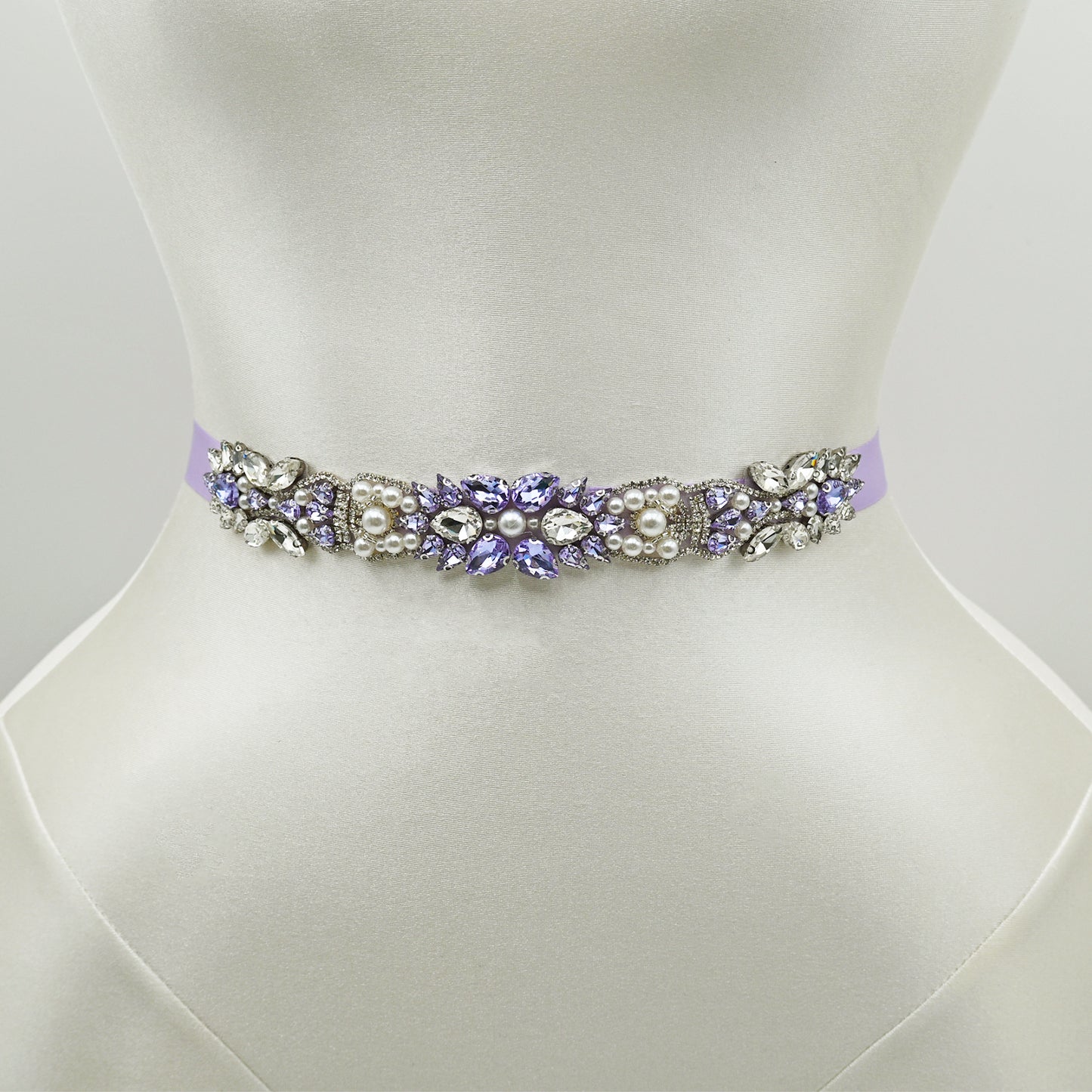 Lavender Rhinestone Pearl Bridal Sash Ribbon Wedding Dress Belt – Bridella BS258