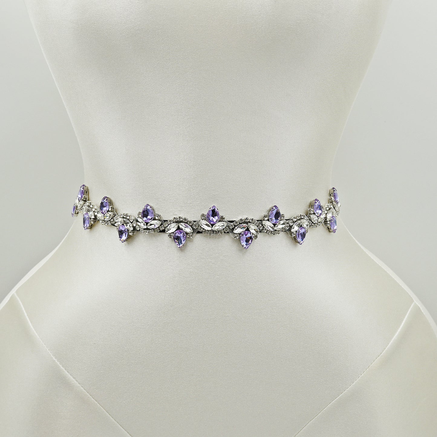 Lavender Rhinestone Bridal Belt with Black Ribbon Waist Sash Bridella BS211-LA
