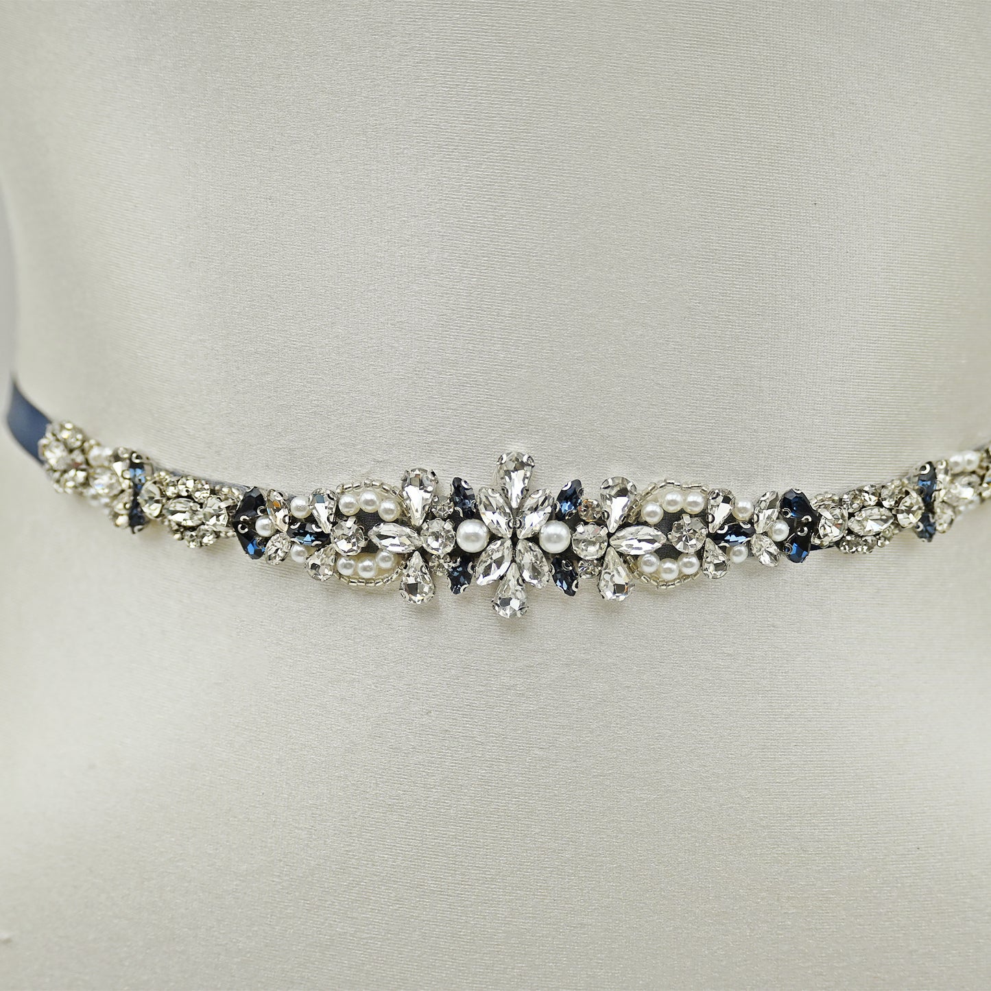 Navy Rhinestone Pearl Bridal Belt Wedding - Bridella BS93ML