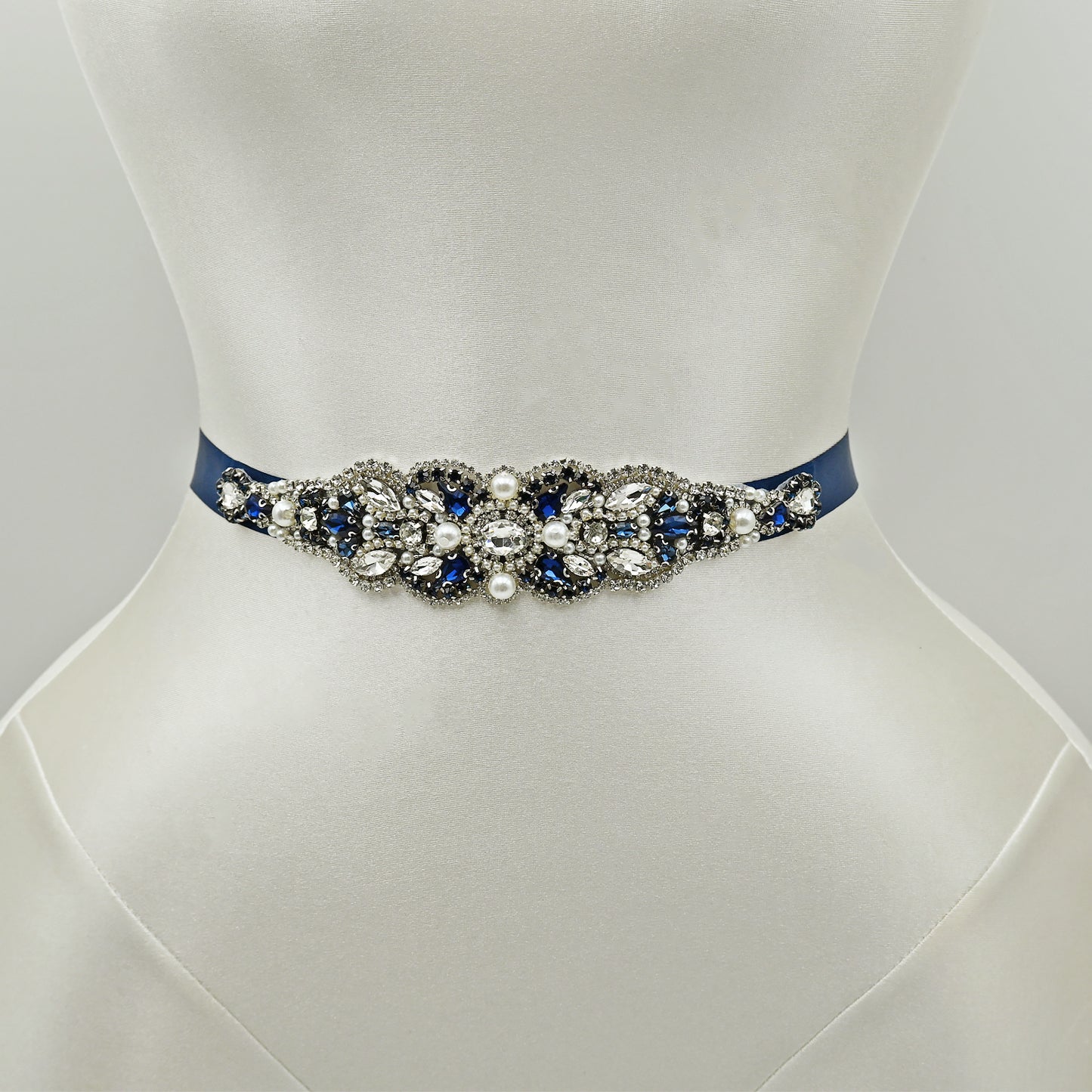 Navy Rhinestone Pearl Bridal Belt Wedding Sash - Bridella BS87ML