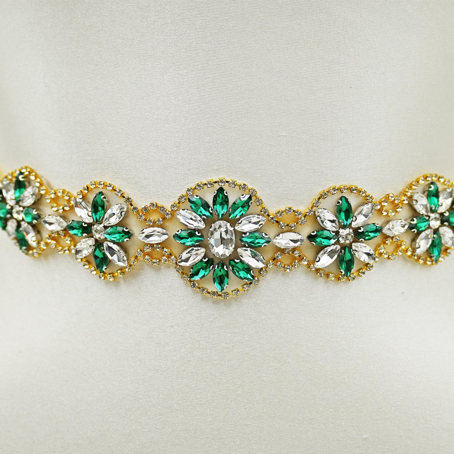 Champagne Ribbon Emerald Green Rhinestone Bridal Sash Wedding Dress Belt – Bridella BS257