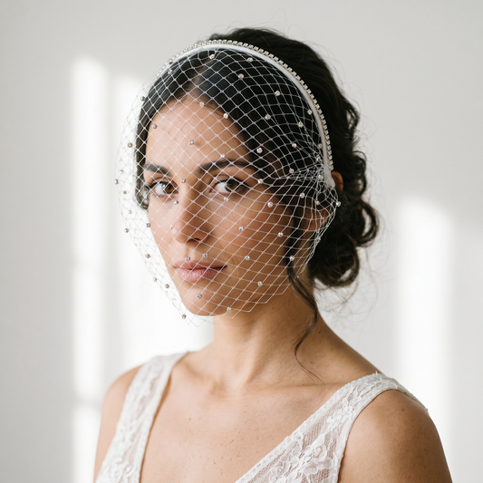 Vintage Rhinestone Birdcage Veil Bridal Face Veil Short Wedding Veil White - Bridella VA09-W