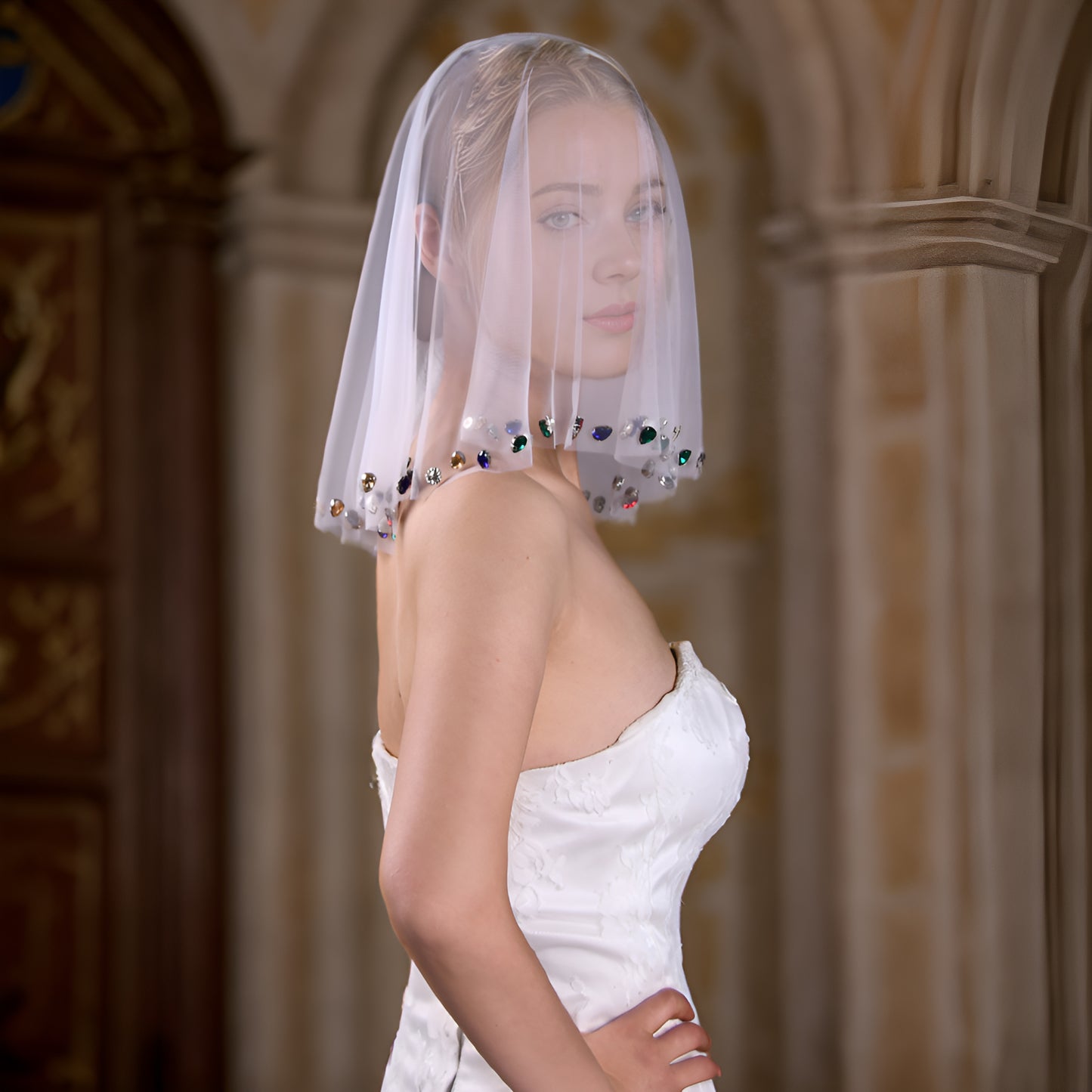 Colorful Rhinestone Bridal Veil Comb Short Blusher Wedding Hair Accessory - Bridella BVA19