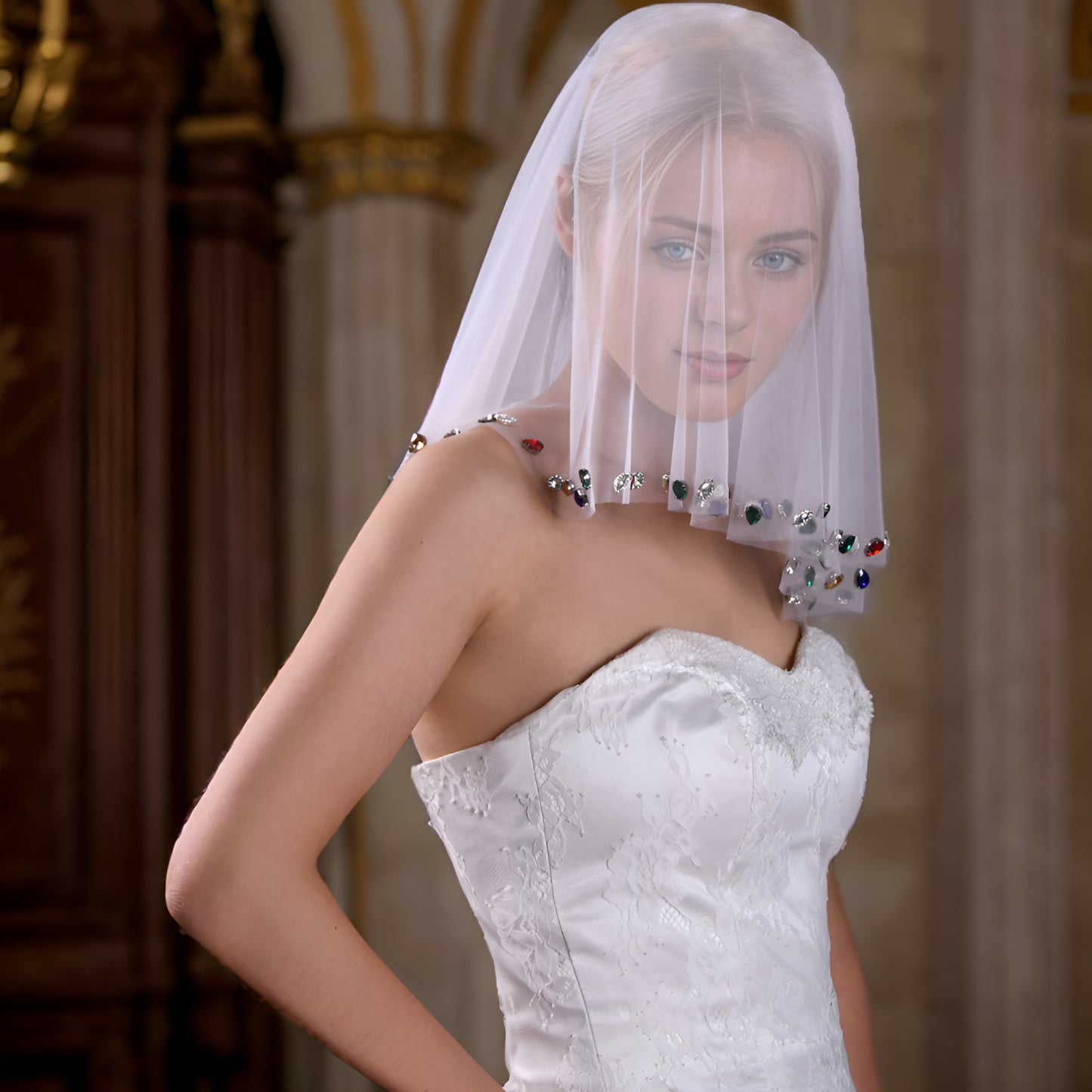 Colorful Rhinestone Bridal Veil Comb Short Blusher Wedding Hair Accessory - Bridella BVA19