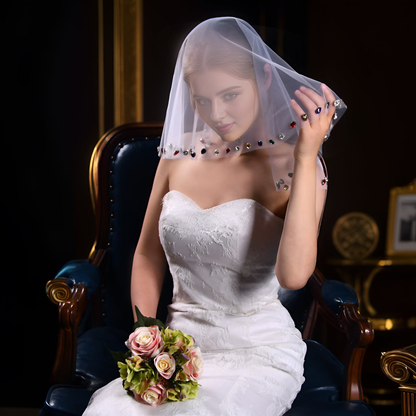 Colorful Rhinestone Bridal Veil Comb Short Blusher Wedding Hair Accessory - Bridella BVA19