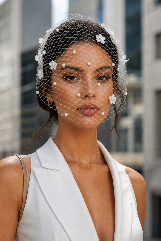 3D Flower Pearl Birdcage Bridal Veil With Comb - Bridella BVA22