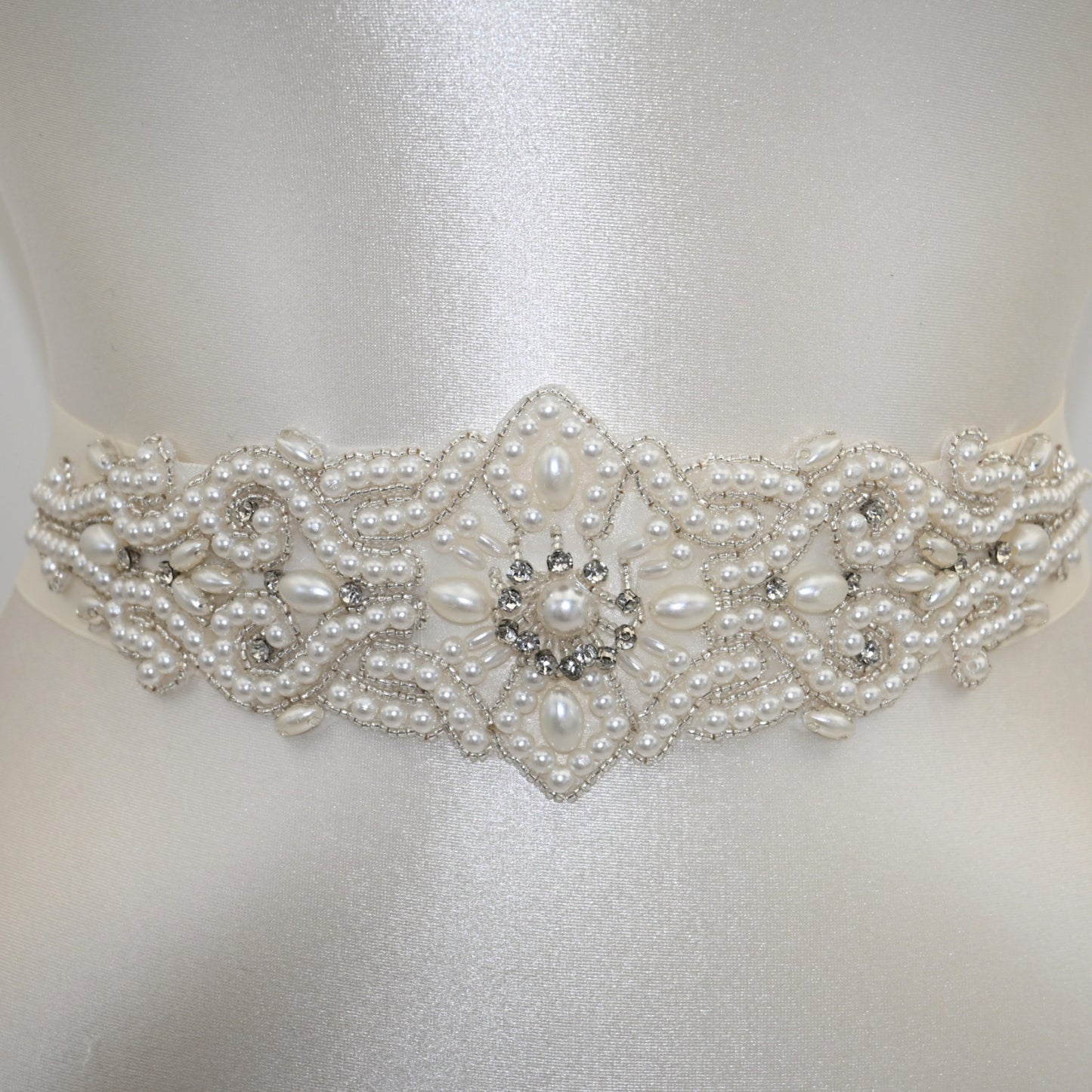 Ivory Rhinestone & Pearl Belt - Bridella BS26A