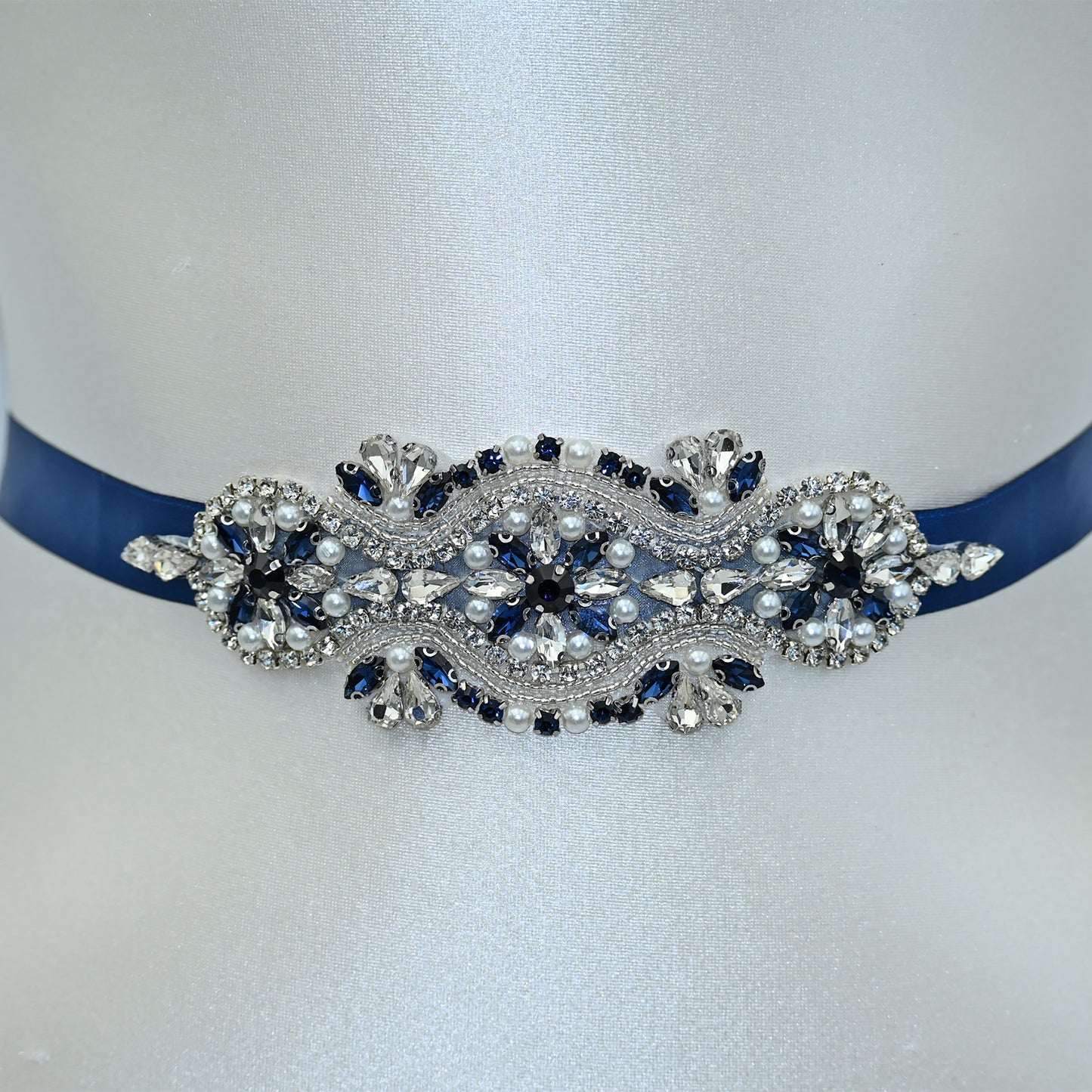 Navy Rhinestone & Pearl Belt - Bridella BS05ML