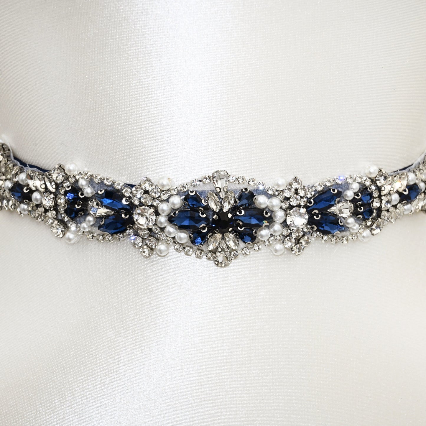 Navy Rhinestone Pearl Bridal Belt Wedding Sash – Bridella BS442ML