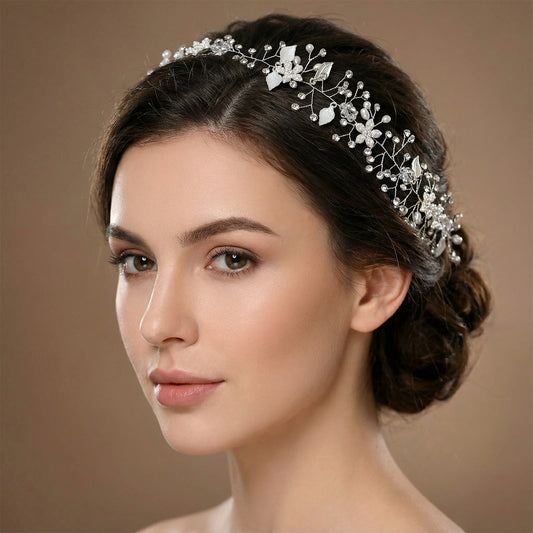 Bridella BHP236-S Silver Rhinestone & Pearl Headband