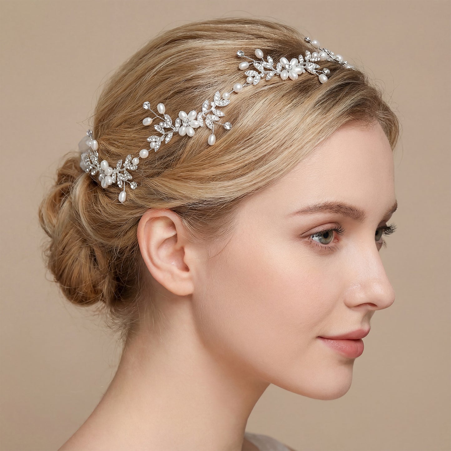 Bridella BHP152-S Silver Rhinestone & Pearl Headband
