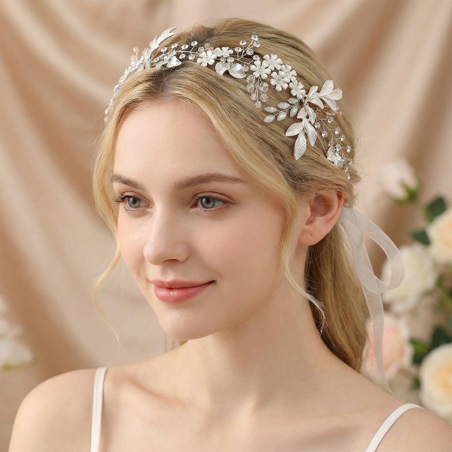 Bridella BHP278-S Silver Rhinestone & Pearl Headband