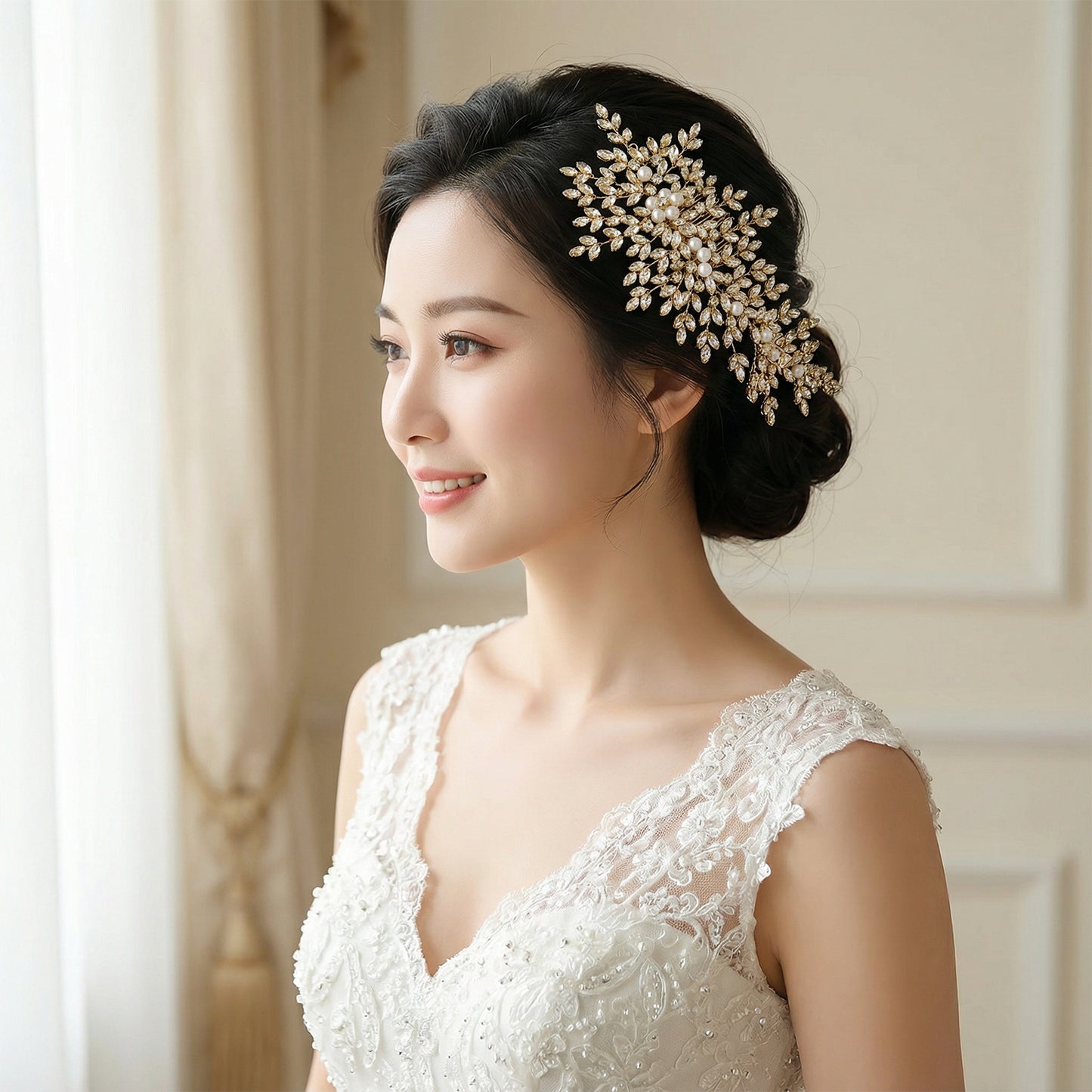 Bridella BHP434-G Gold Rhinestone & Pearl Hair Comb