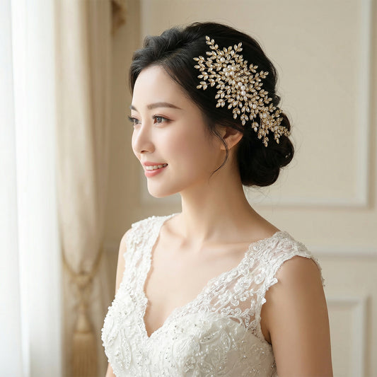 Bridella BHP434-G Gold Rhinestone & Pearl Hair Comb