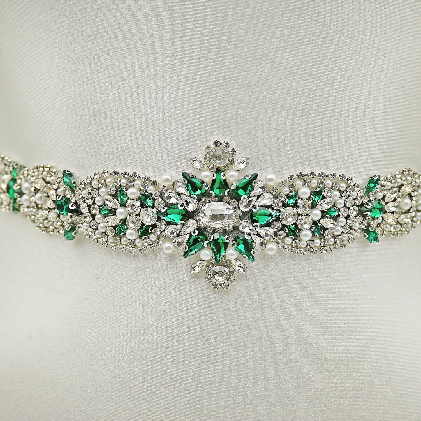 Green Rhinestone & Pearl Bridal Belt Sash for Wedding - Bridella BS84KL