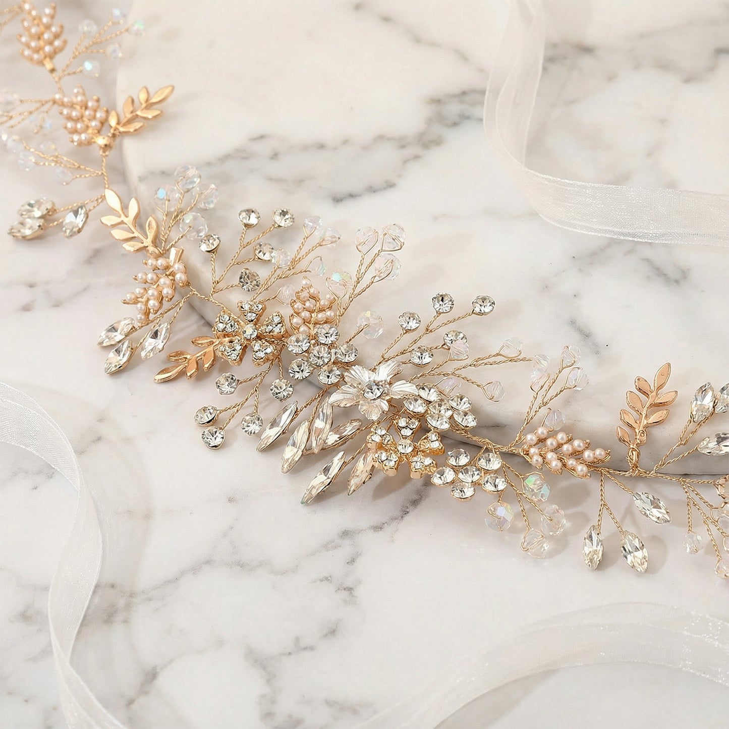 Bridella BHP235-G Gold Rhinestone & Pearl Headband