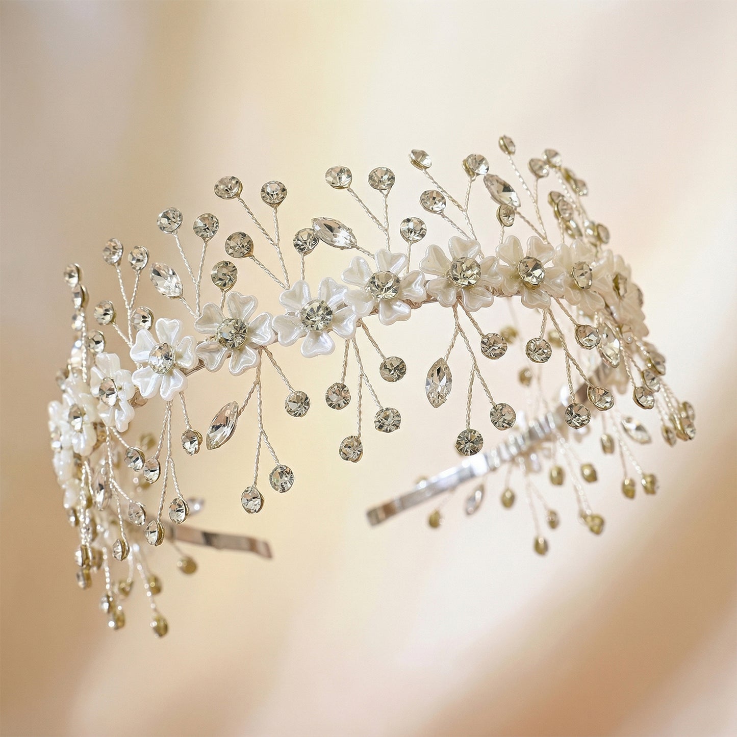 Bridella BHP543-S Silver Rhinestone & Flower Headband