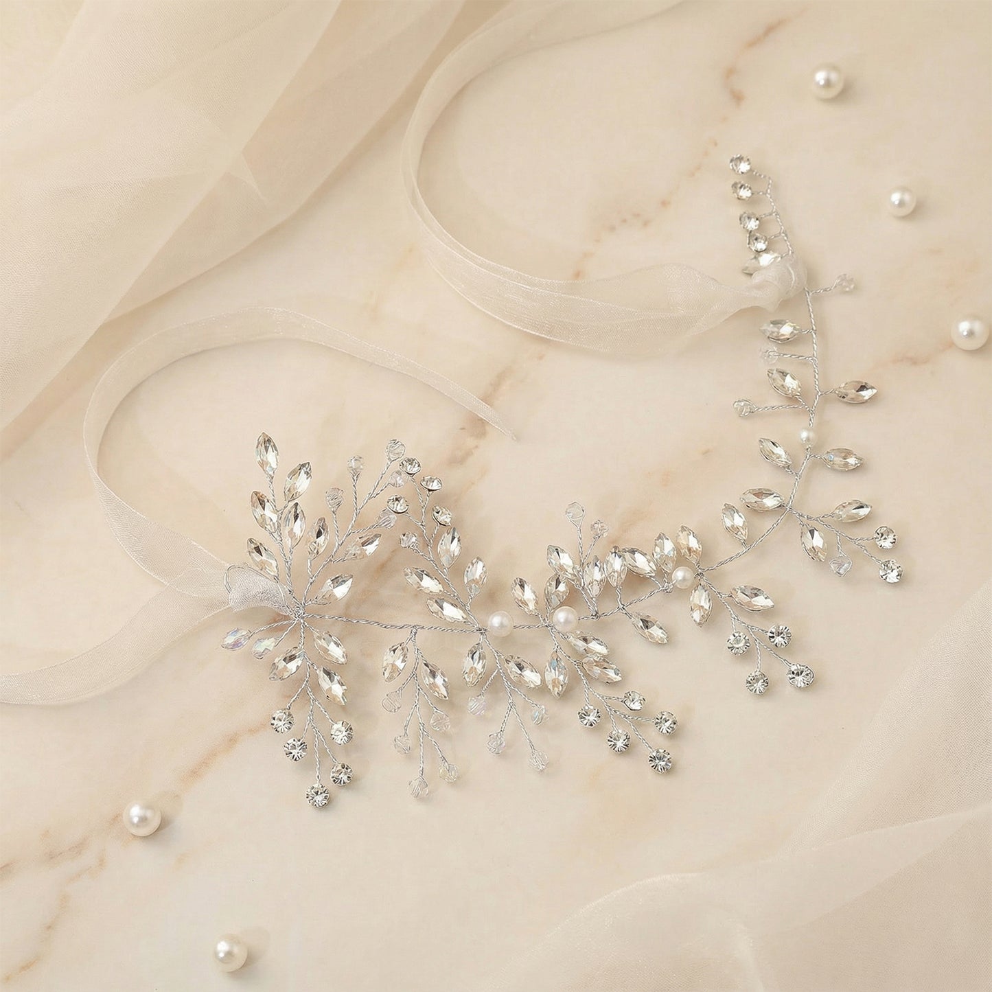Bridella BHP21-S Silver Rhinestone & Pearl Headwear