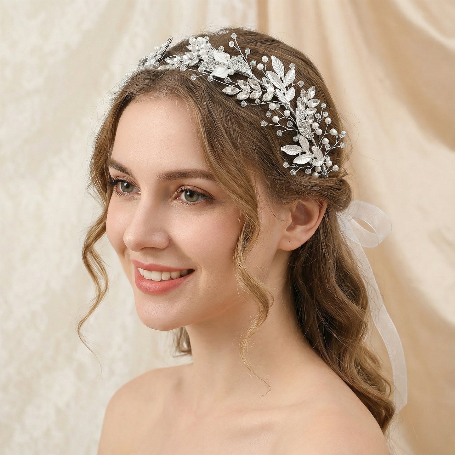 Bridella BHP272-S Silver Rhinestone & Pearl Headband