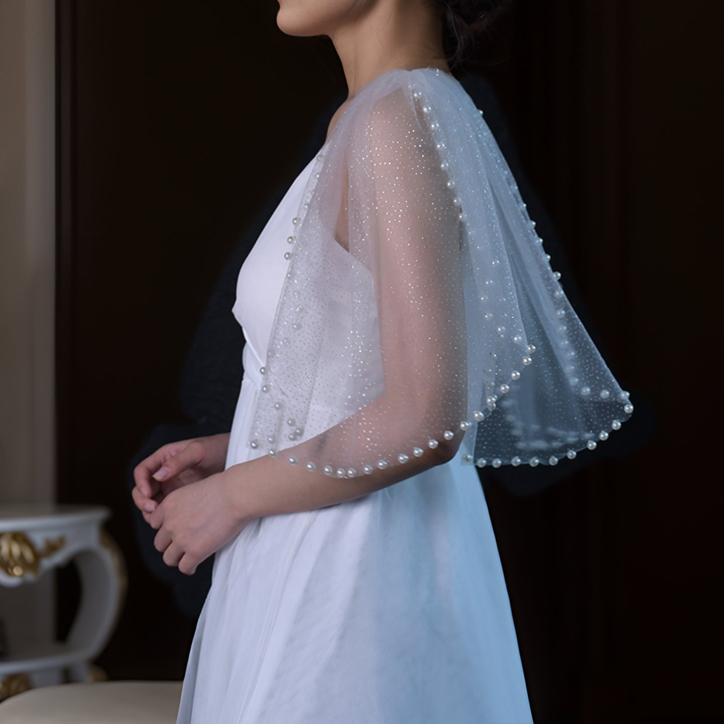 Ivory Starlight Mesh Bridal Shawl Sleeves Wedding Wrap BVG40A-XI Bridella
