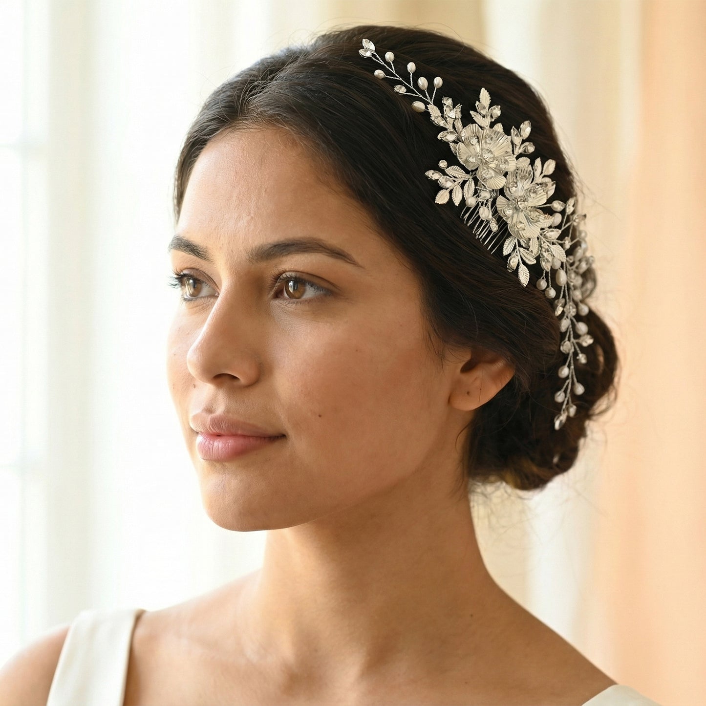 Bridella BHP520-S Silver Rhinestone & Pearl Hair Comb