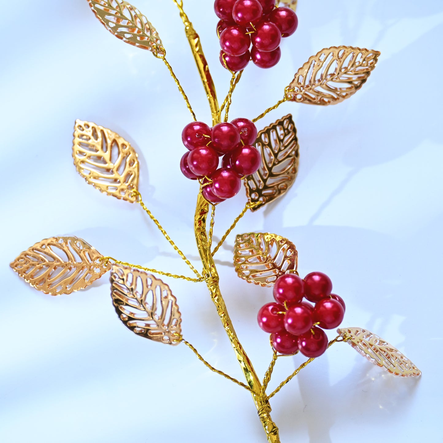 Golden Artificial Berry Stem with Metallic Leaves, Faux Red/Yellow Berry Picks K103