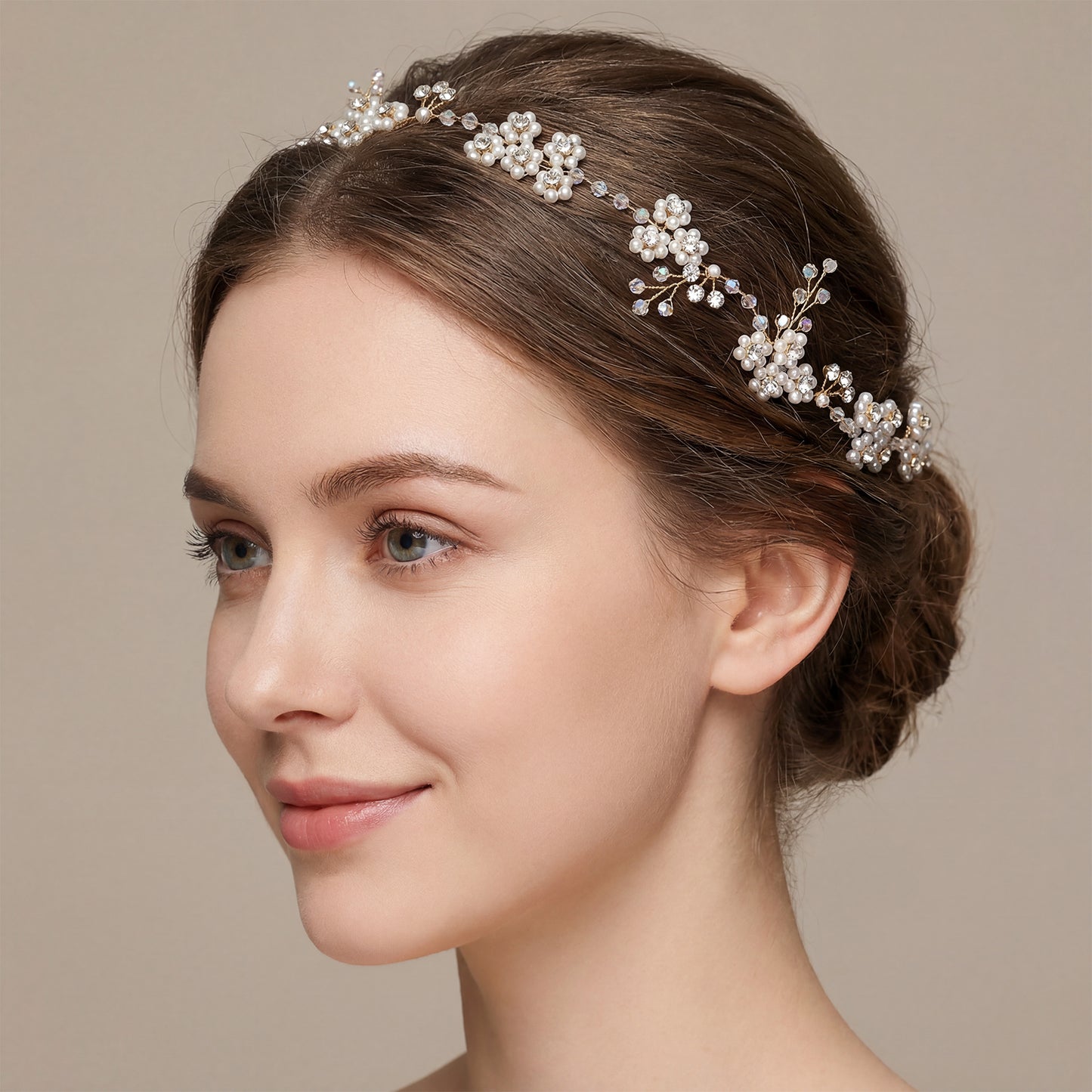 Bridella BHP129-S Silver Rhinestone & Pearl Headband