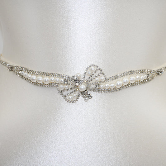 Bridella BS97 Off White Rhinestone & Pearl Belt
