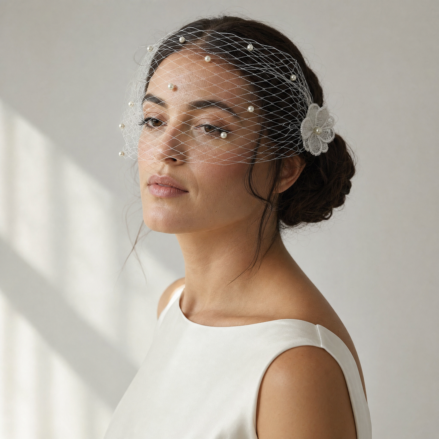 Pearl And Rhinestone Style Bridal Fishnet Veil Comb Style Women's Birdcage Veil Flower Blush Veil VA04-A