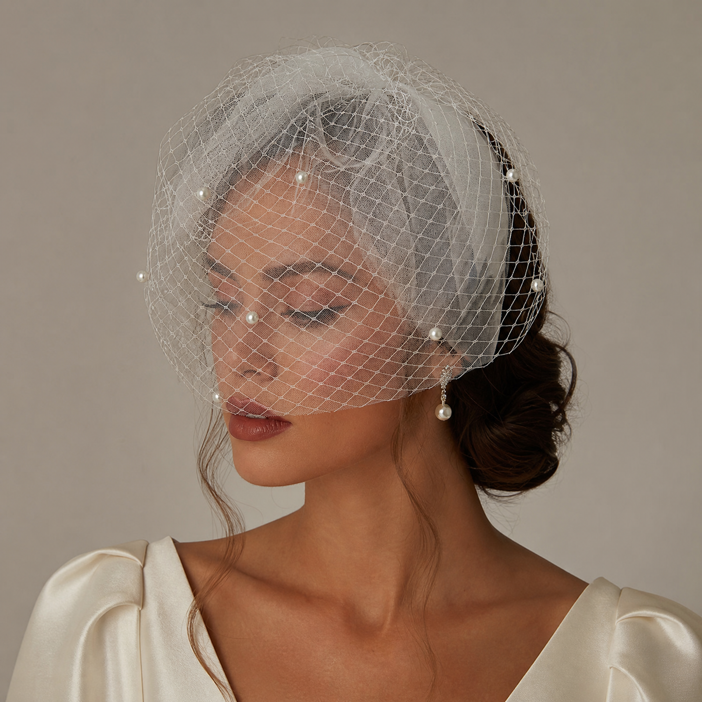 White Beaded Birdcage Bridal Veil Two Layer - Bridella BVA01