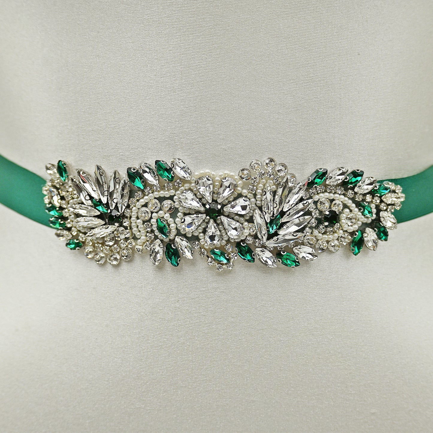 Green Rhinestone Pearl Bridal Belt Wedding Sash – Bridella BS22