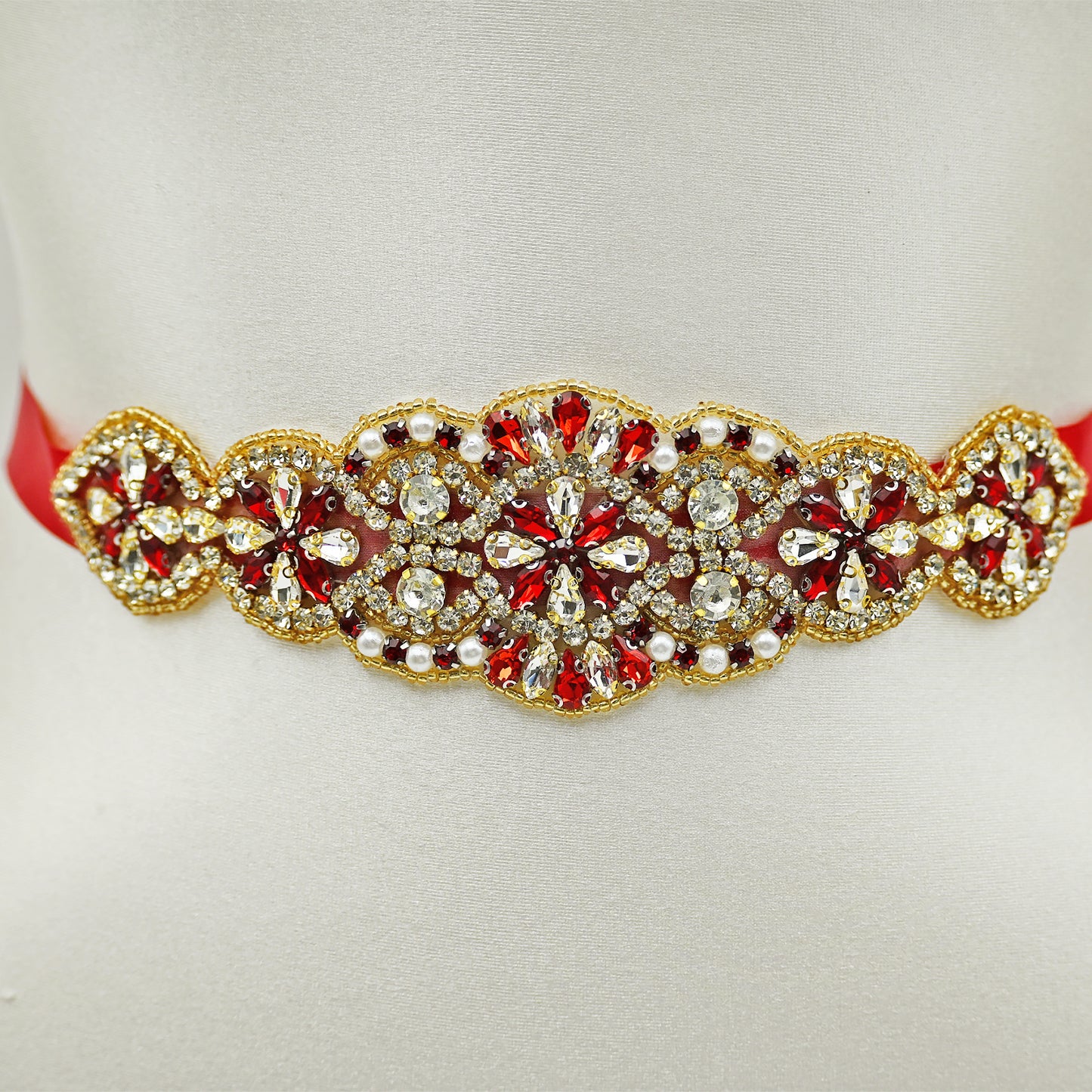Red Rhinestone Pearl Bridal Belt Wedding Sash - Bridella BS94R