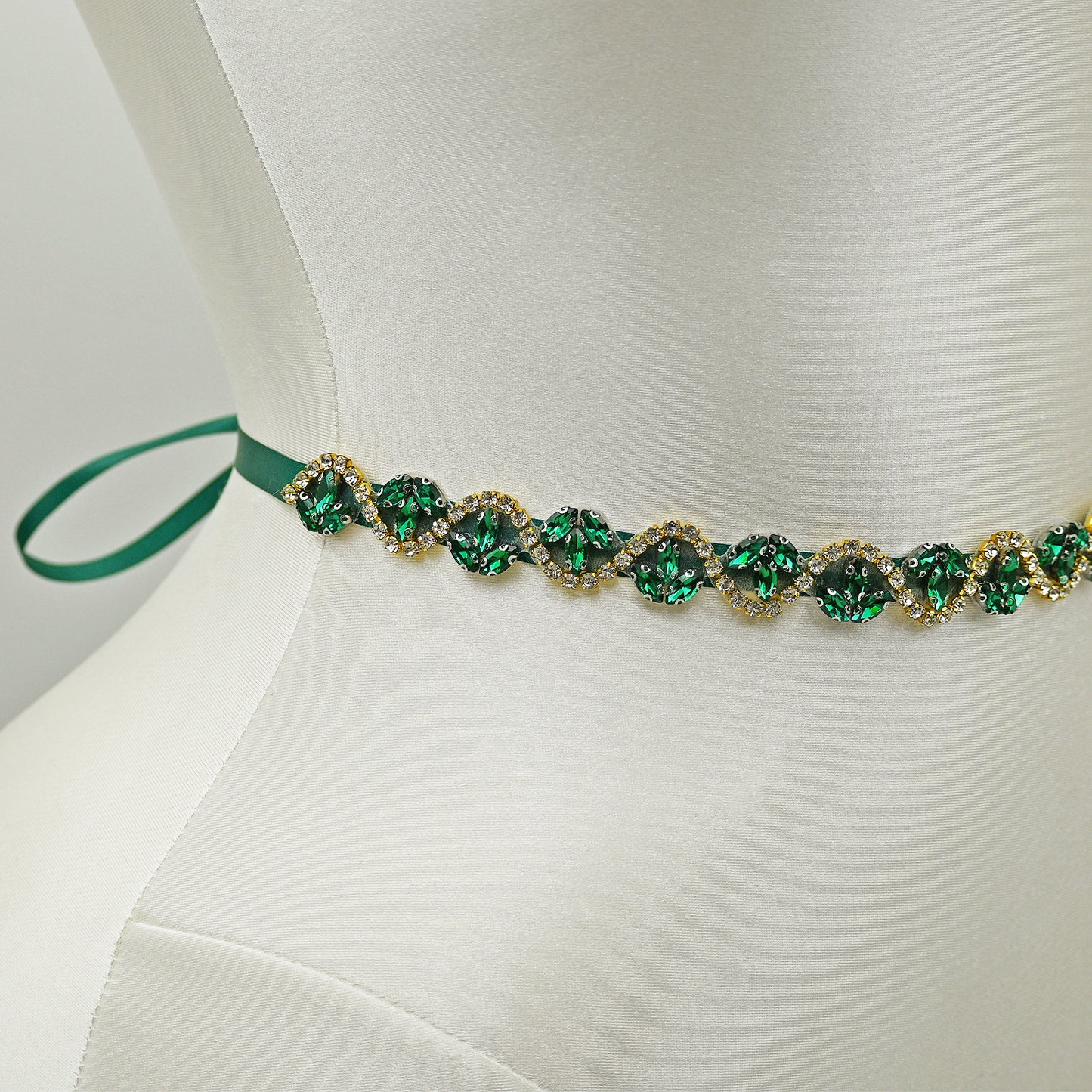 Rhinestone Ribbon Belt Wedding Prom Emerald Green Bridella BS203KL