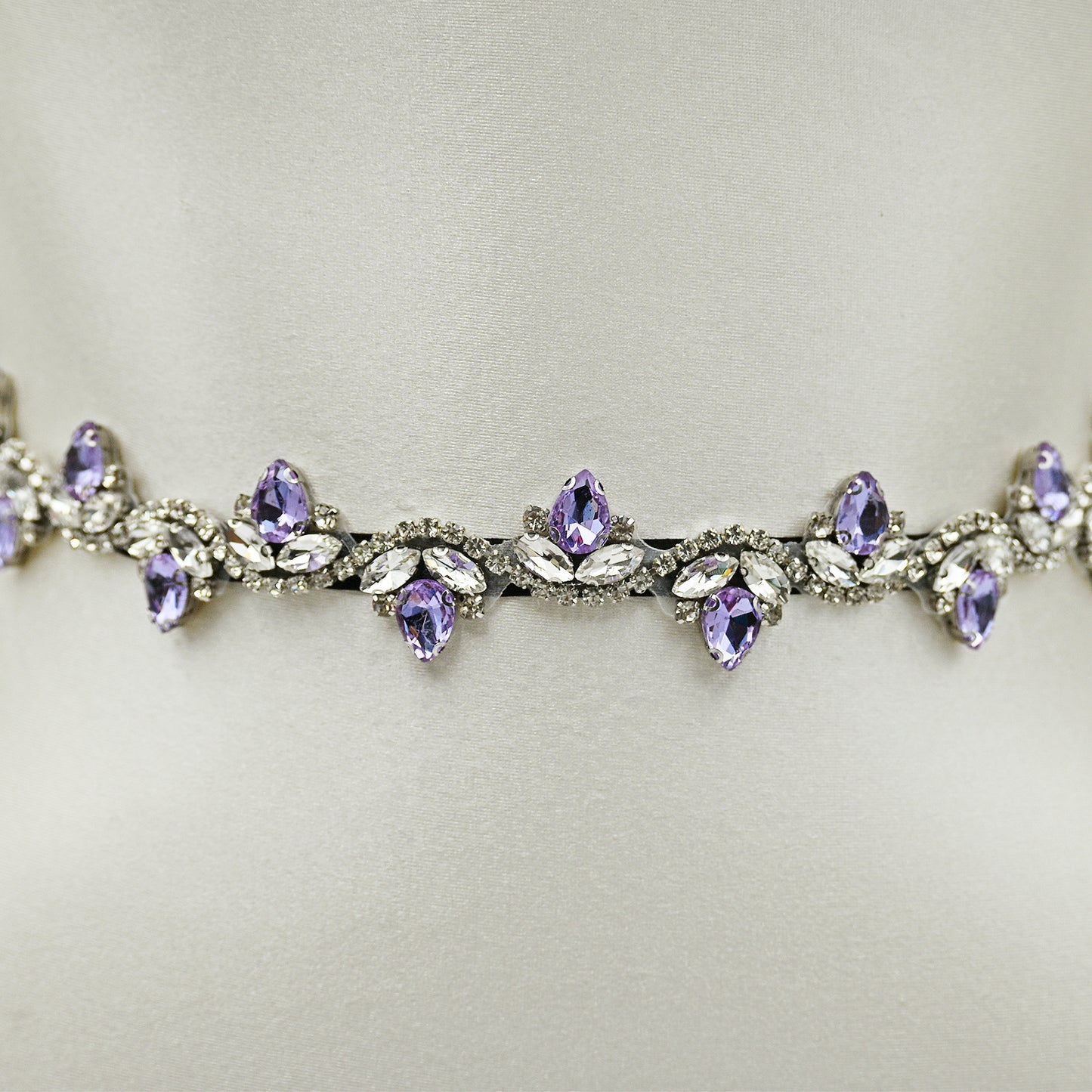 Lavender Rhinestone Bridal Belt with Black Ribbon Waist Sash Bridella BS211-LA