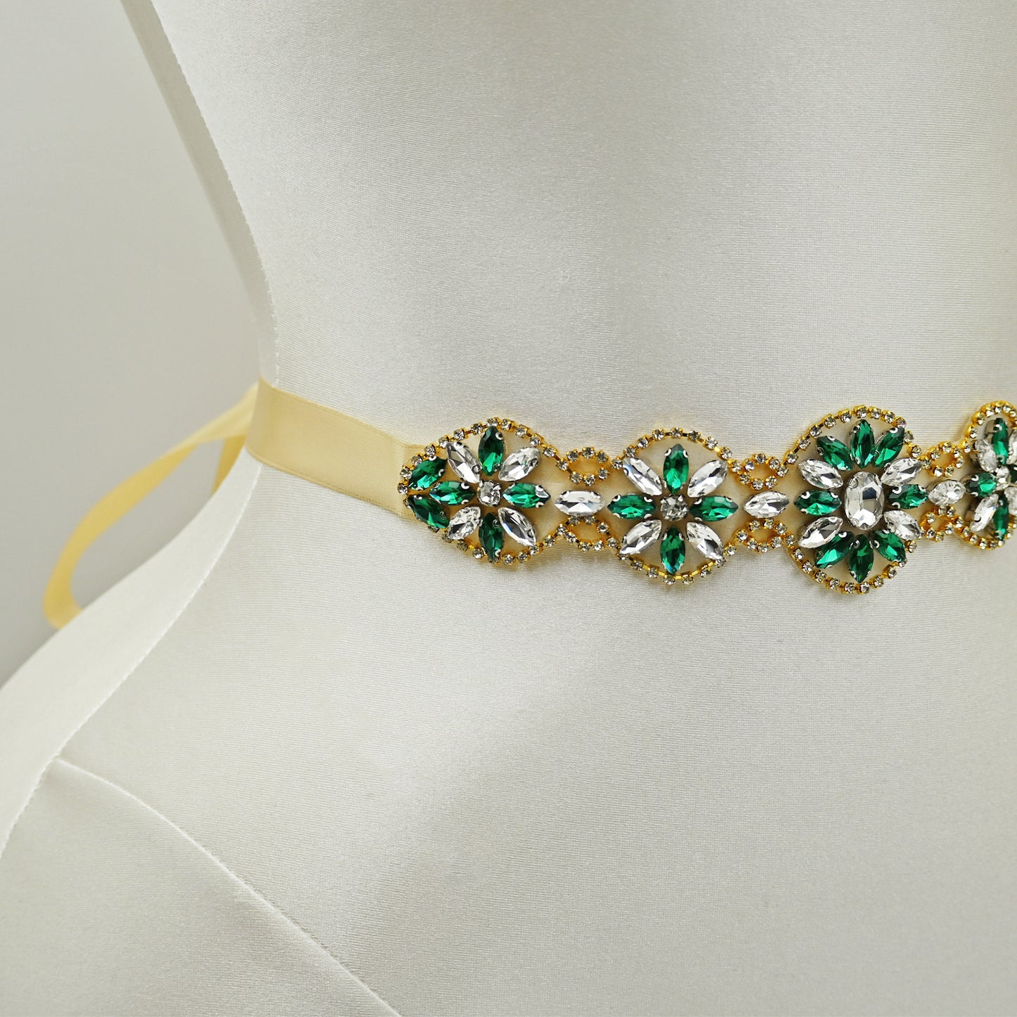 Champagne Ribbon Emerald Green Rhinestone Bridal Sash Wedding Dress Belt – Bridella BS257