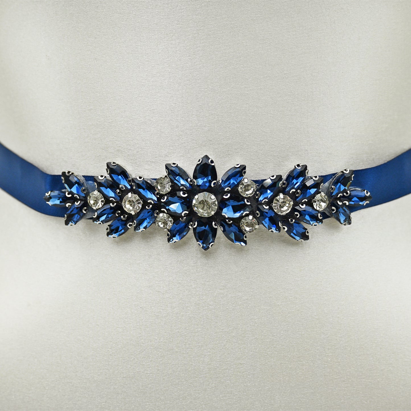 Navy Blue Rhinestone Bridal Sash Ribbon Wedding Dress Belt – Bridella BS243ML
