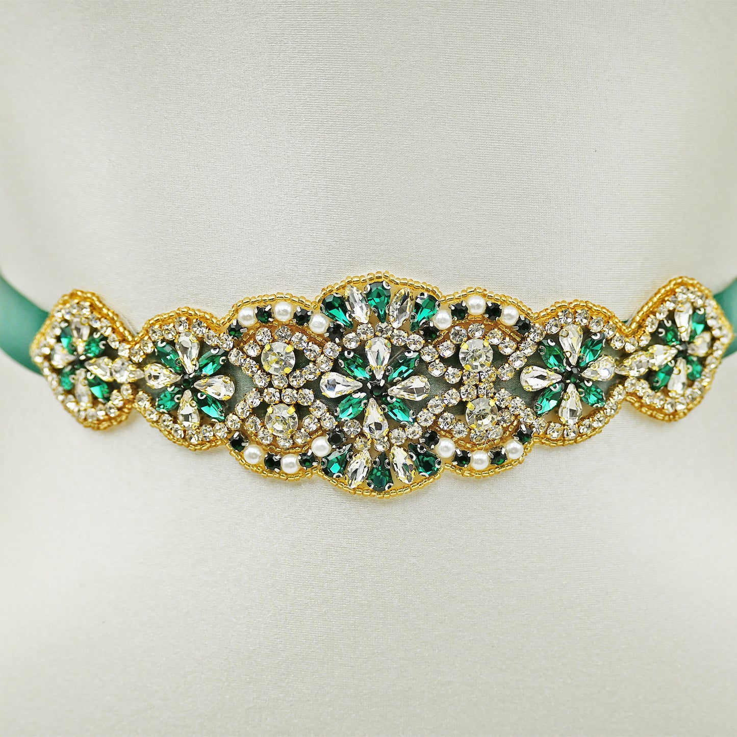 Green Rhinestone Pearl Bridal Belt Wedding Sash - Bridella BS94KL