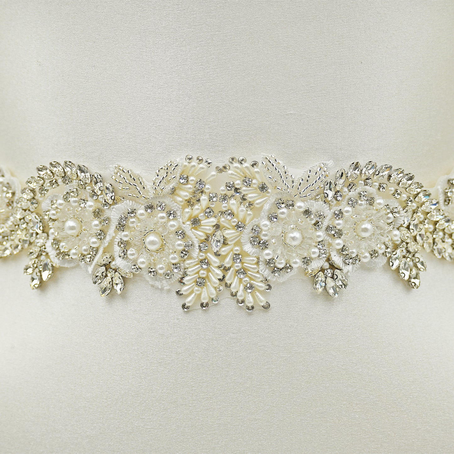 Off White Rhinestone Pearl Bridal Belt Wedding Sash - Bridella BS83