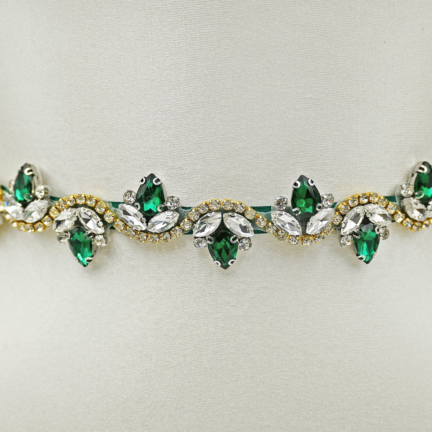 Emerald Green Rhinestone Bridal Belt with Ribbon Waist Sash Bridella BS211KL