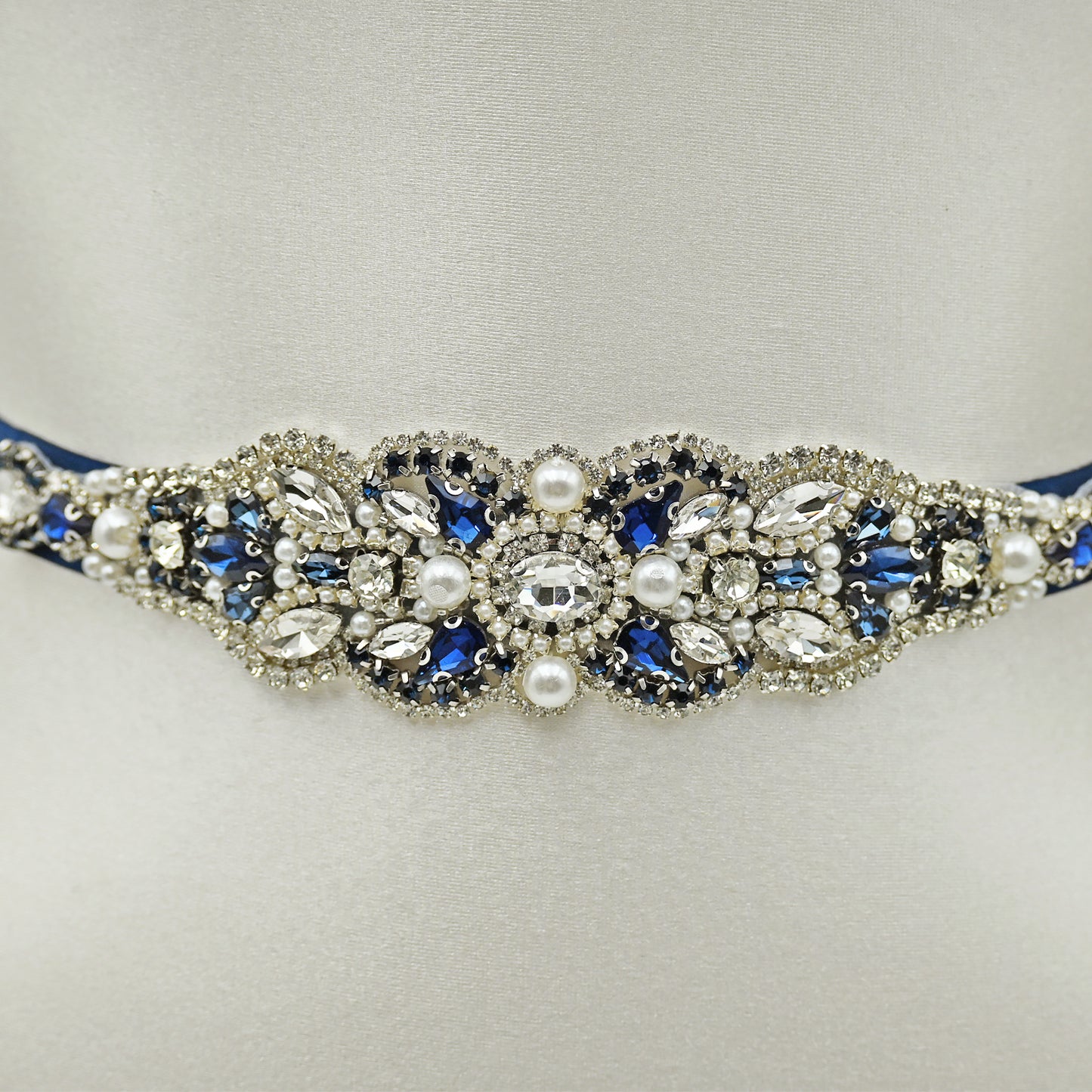 Navy Rhinestone Pearl Bridal Belt Wedding Sash - Bridella BS87ML