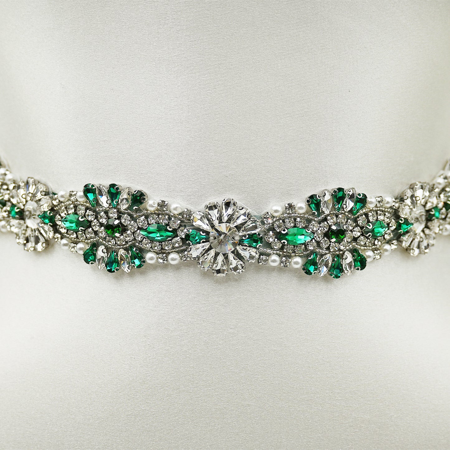 Green Rhinestone Bridal Belt with Ribbon Tie Waist Sash Bridella BS237KL