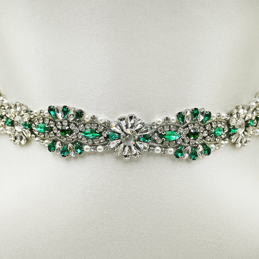 Green Rhinestone Bridal Belt with Ribbon Tie Waist Sash Bridella BS237KL