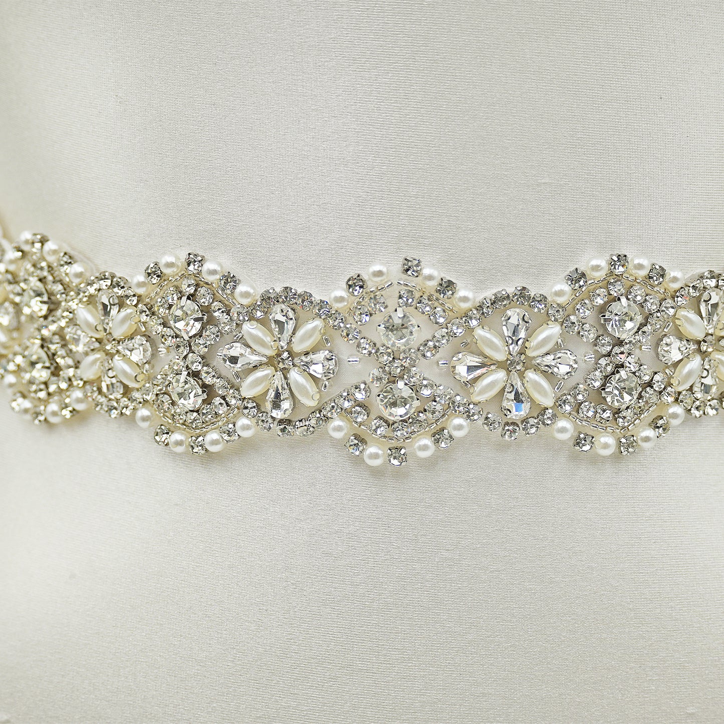 White Rhinestone & Pearl Bridal Belt Sash for Wedding - Bridella BS153
