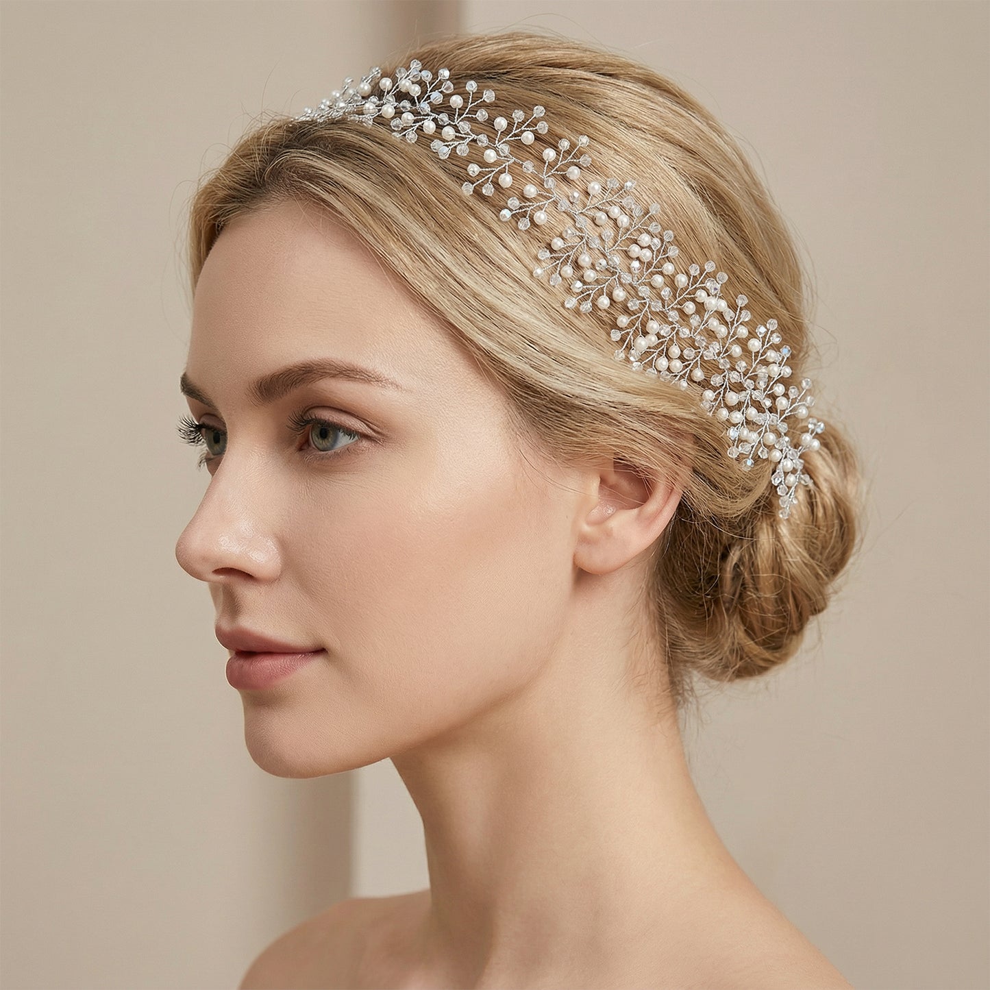 Bridella BHP55-S Silver Pearl & Crystal Tiara