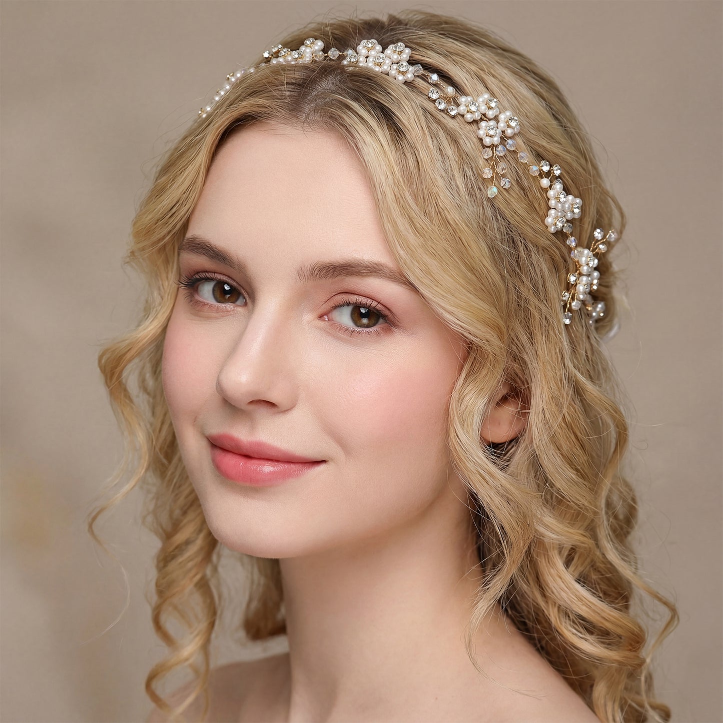 Bridella BHP129-S Silver Rhinestone & Pearl Headband