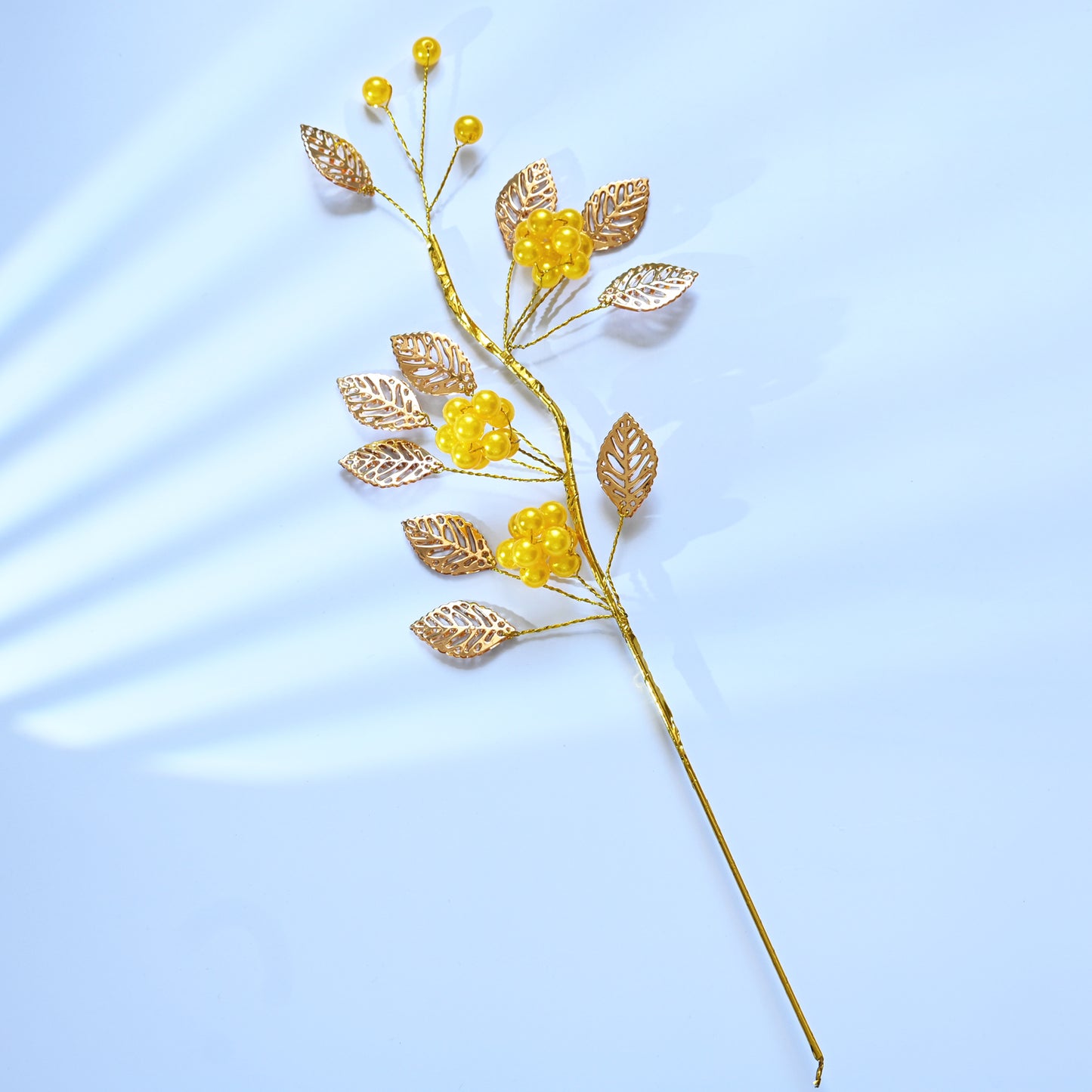 Golden Artificial Berry Stem with Metallic Leaves, Faux Red/Yellow Berry Picks K103